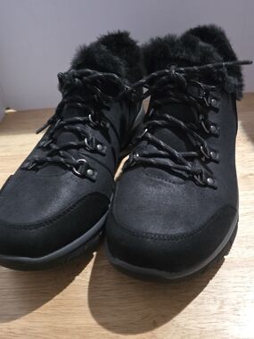 Skechers Black Faux-Fur Lace-Up Ankle Booties, slip-ins